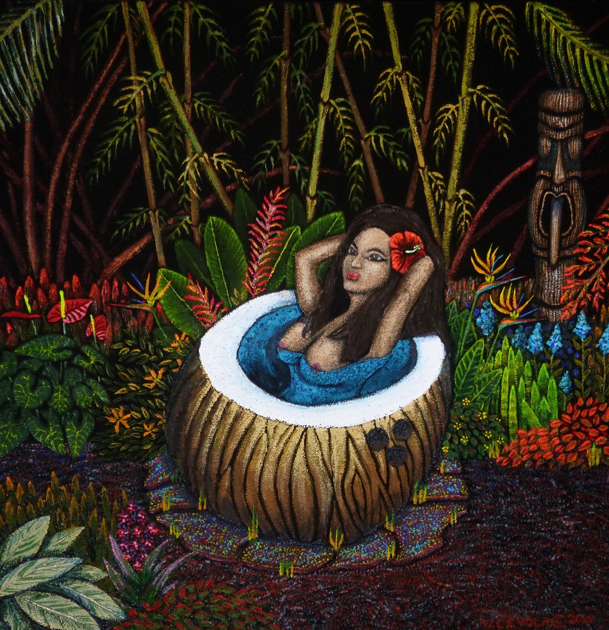 19 Tiki Oasis Wendy Cevola 2020  Hot Tub Hula Girl 13 x 13 Acrylic $500 (28)