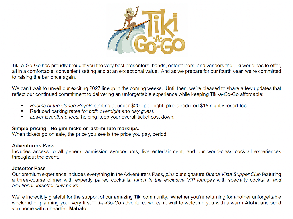 Tiki-a-Go-Go 2027 Value Announcement
